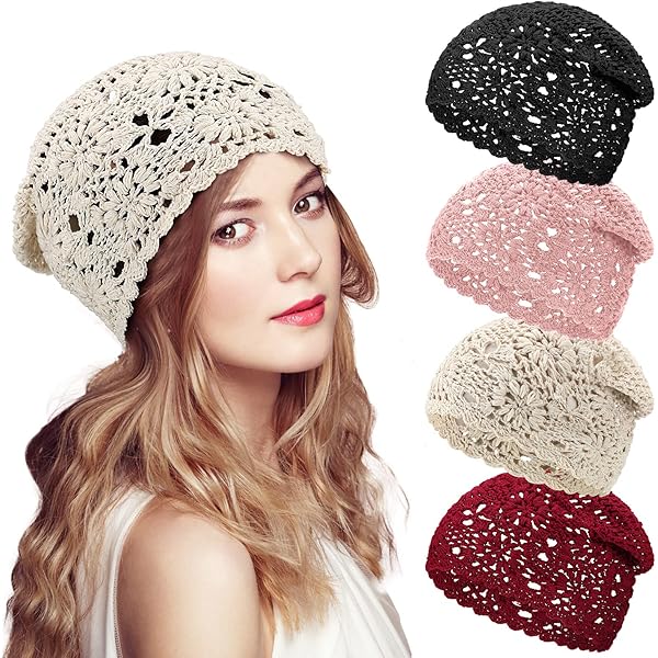 2 Pieces Floral Crochet Slouchy Beanie Hat Handmade Knit